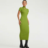 Feminine Lime Green Cut Out Front High Neck Short Sleeve Rib Knit Midi Dress